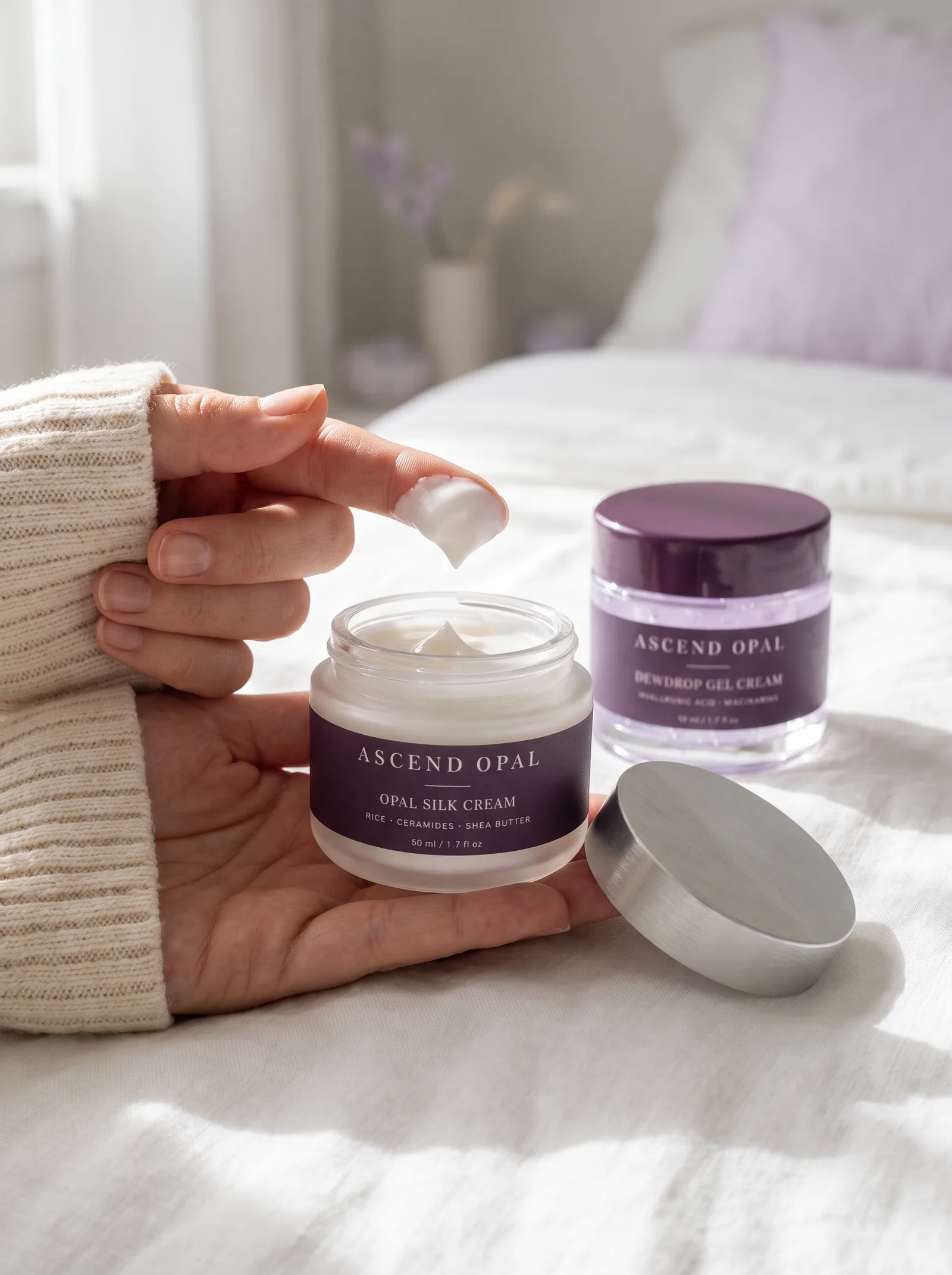 A fingertip lifting cream from an open jar of Opal Silk Cream, with Dewdrop Gel Cream on the linen behind
