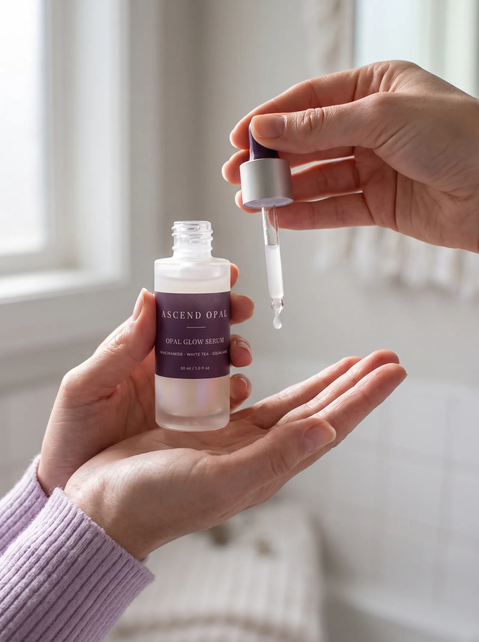 A hand holding an open bottle of Opal Glow Serum while the dropper releases a drop onto the fingertips