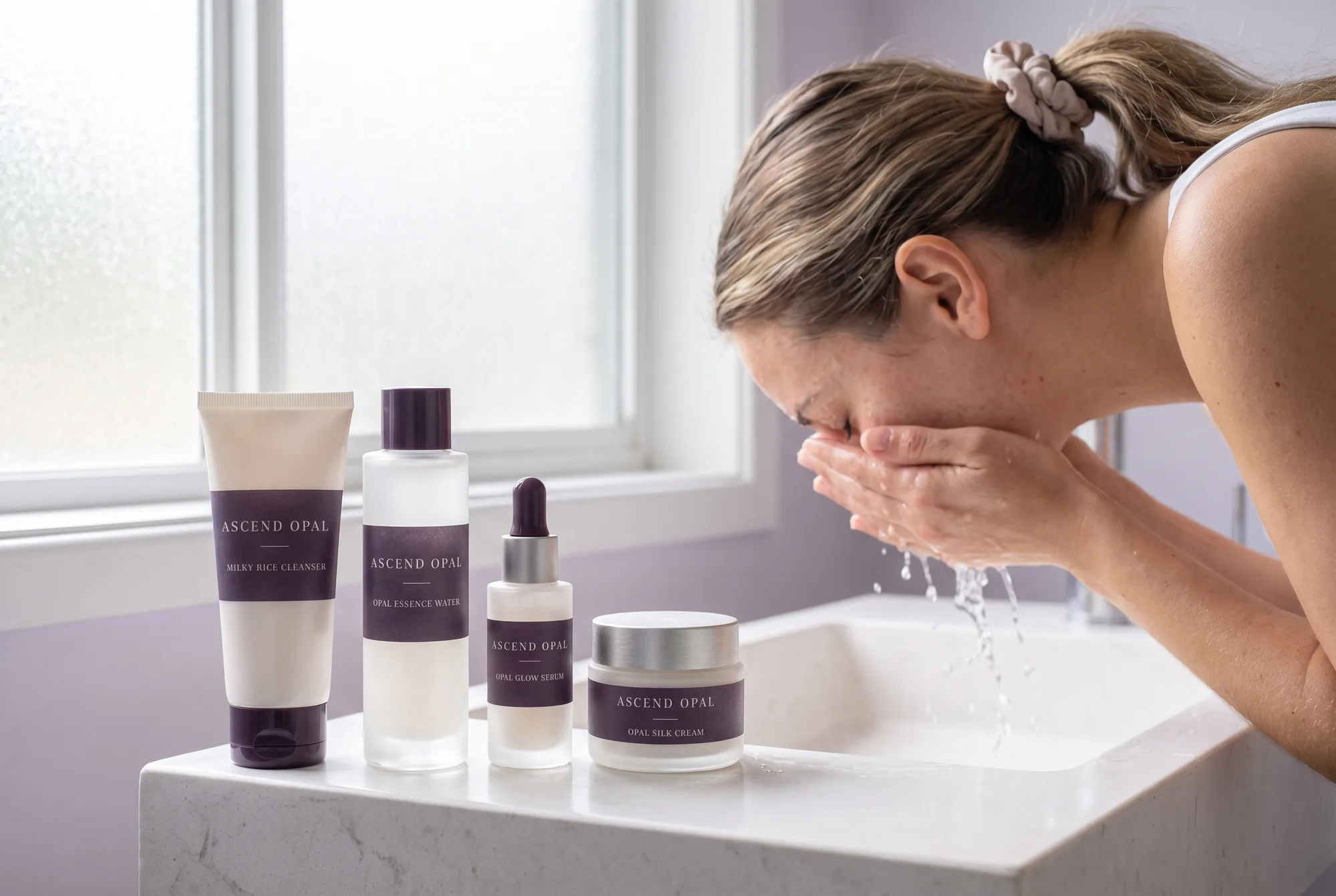 Milky Rice Cleanser, Opal Essence Water, Opal Glow Serum and Opal Silk Cream lined up on a bathroom basin while a woman rinses her face